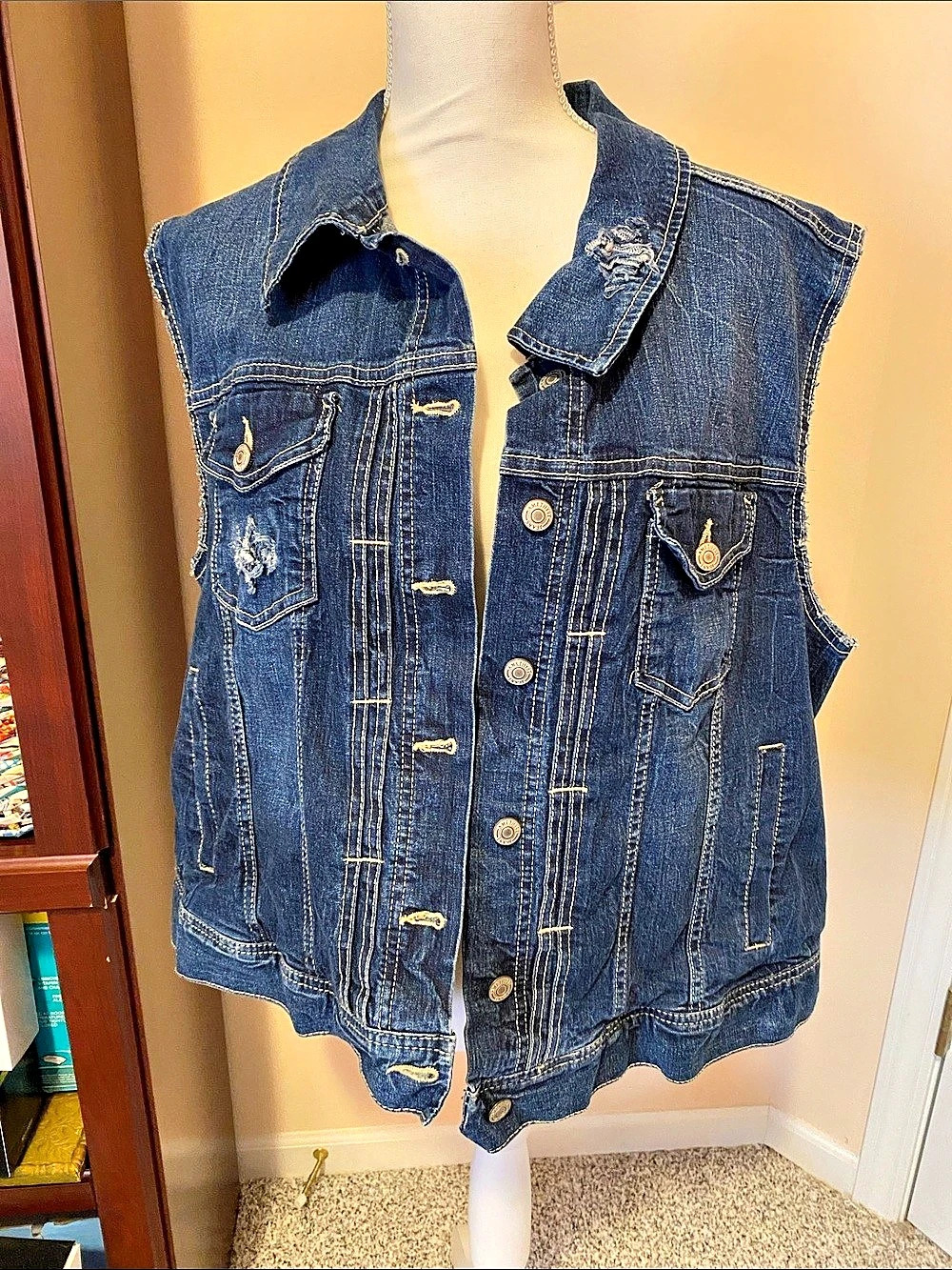 Distressed Denim Vest in Blue & Pink